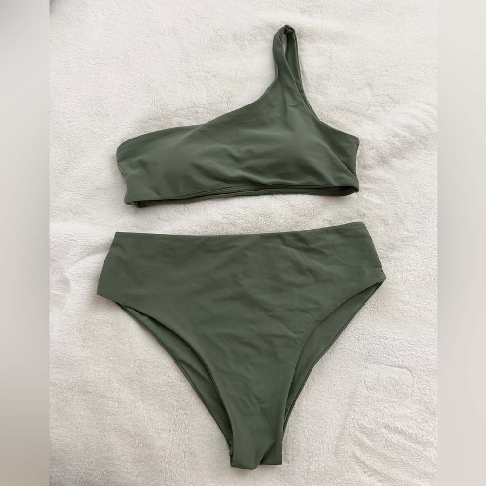 One-Shoulder Olive Green Bikini Set